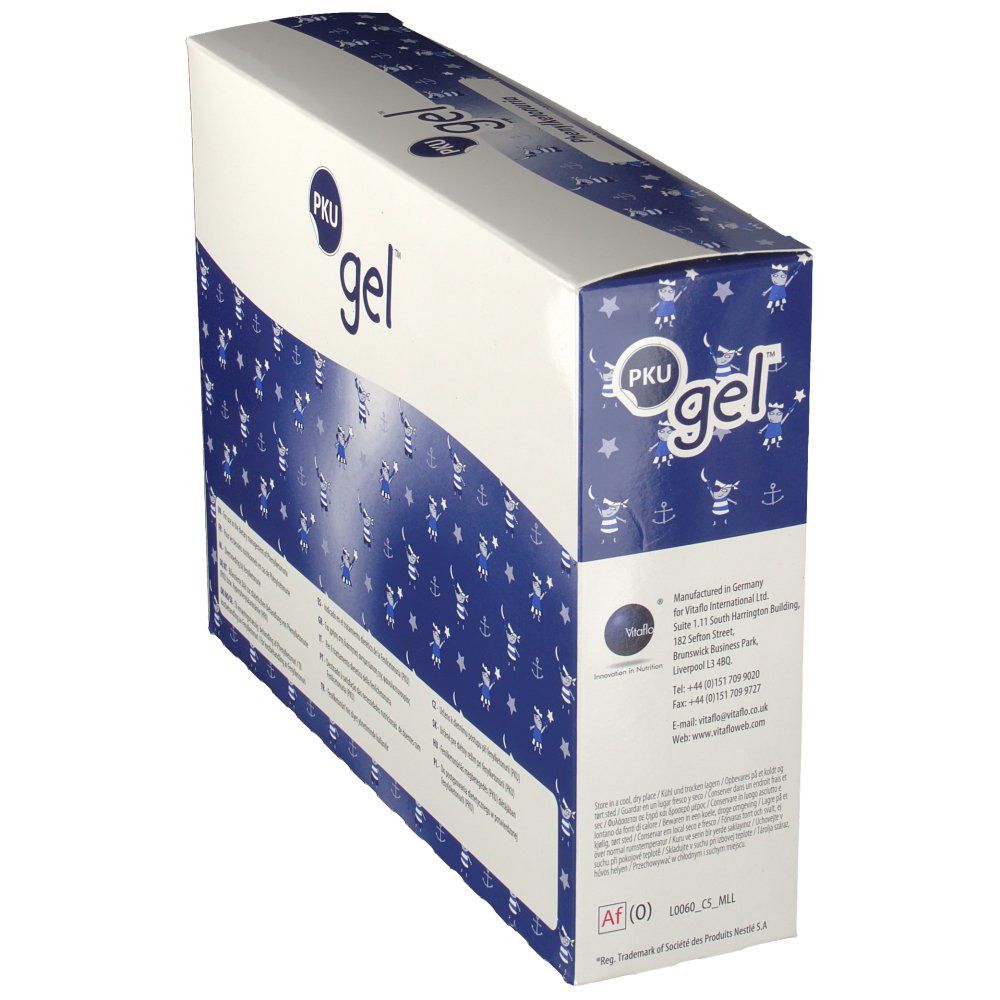 Doos PKU gel, schuin van opzij gezien. Blauw en witte verpakking met PKU gel logo en fabrikant informatie.