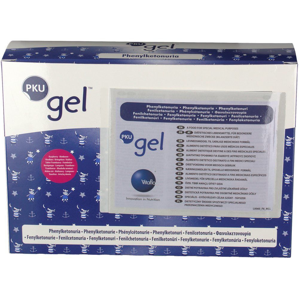 Verpakking met PKU gel. Blauw en witte doos met productinformatie, PKU gel logo en transparante foliezak.