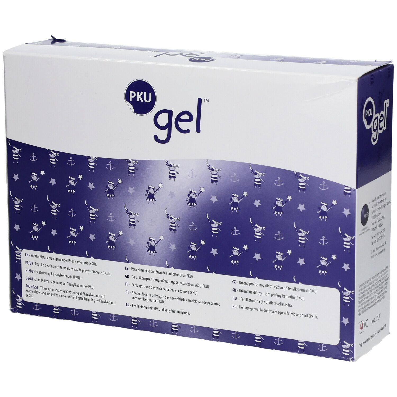 Verpakking van PKU gel. Witte doos met blauw patroon en productnaam.