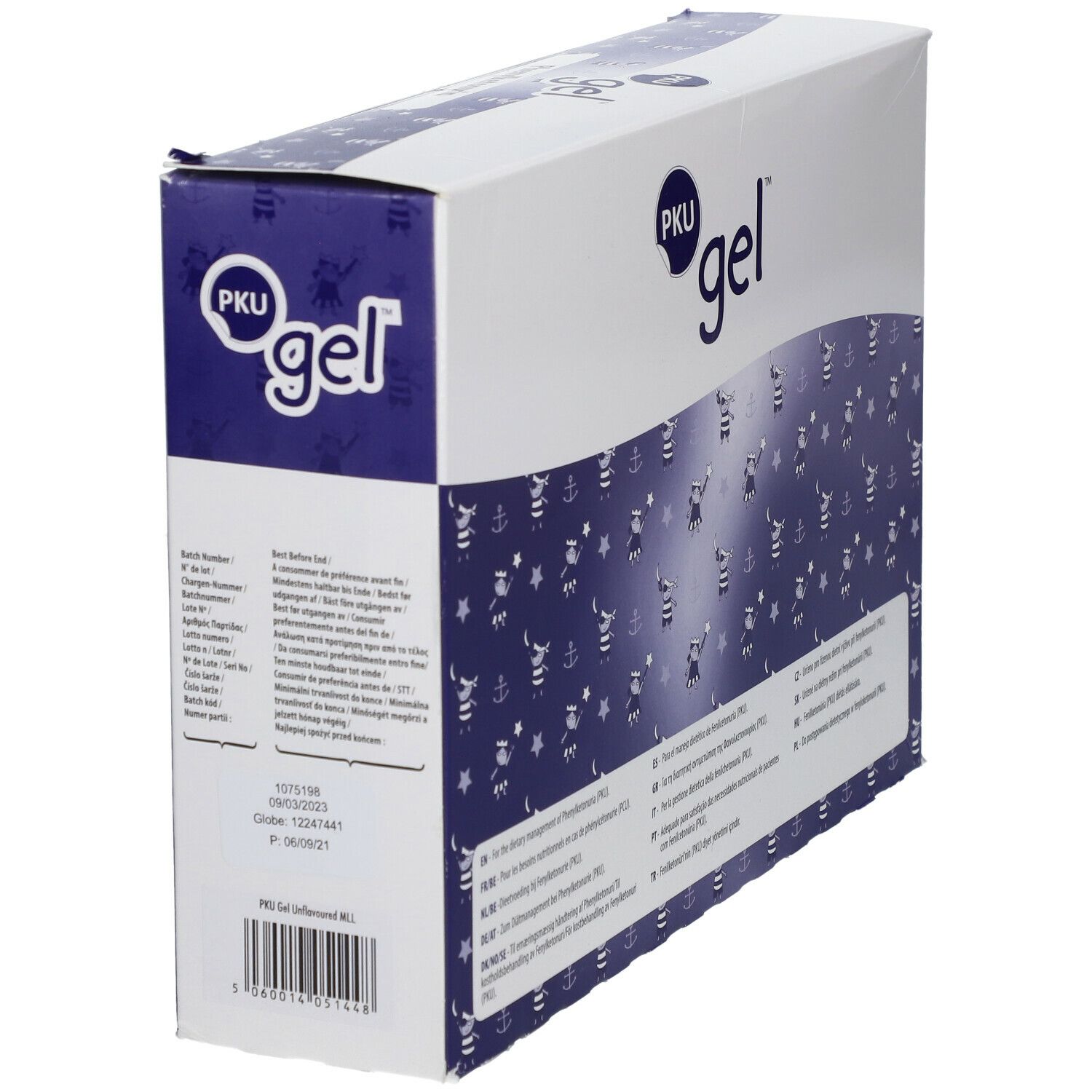 Doos van PKU gel. Wit met blauw patroon en productnaam. Zijaanzicht.