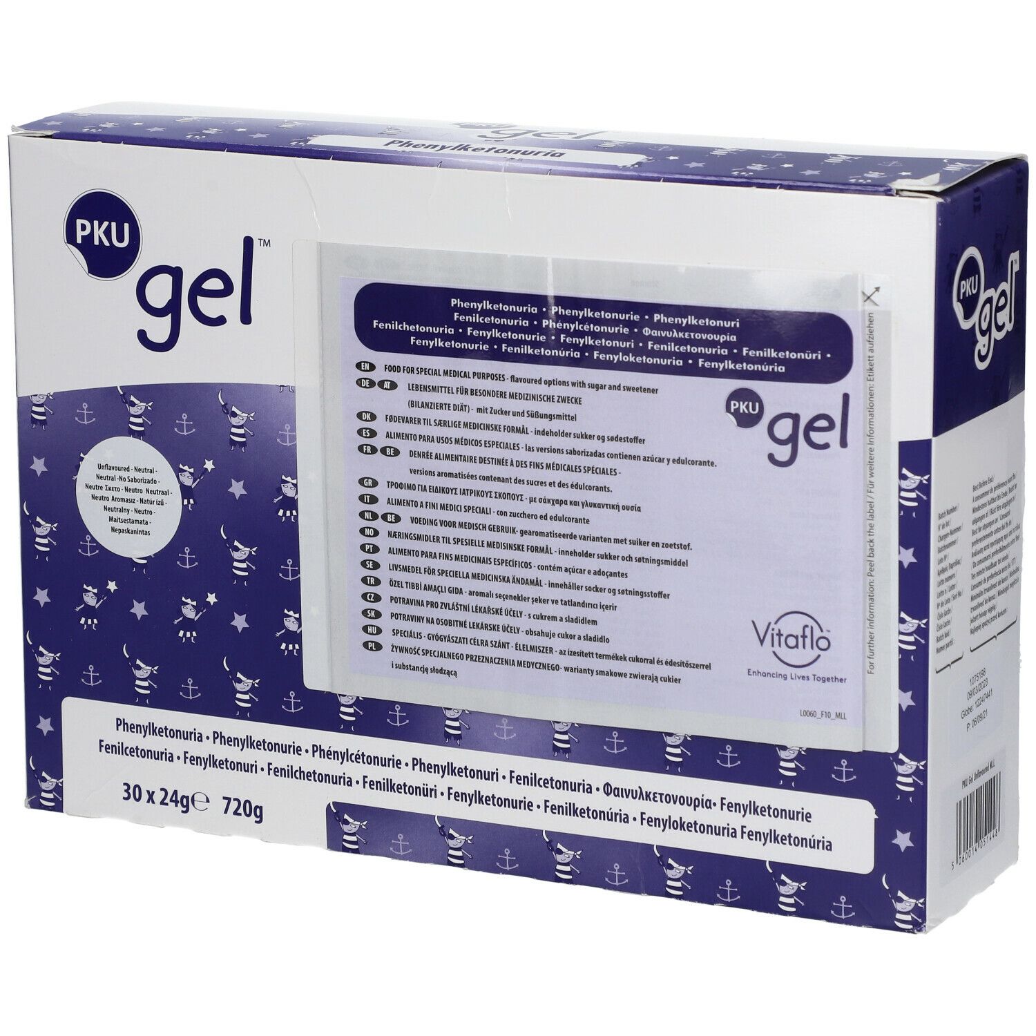 Verpakking van PKU gel met zakje. Witte doos met blauw patroon en productnaam.