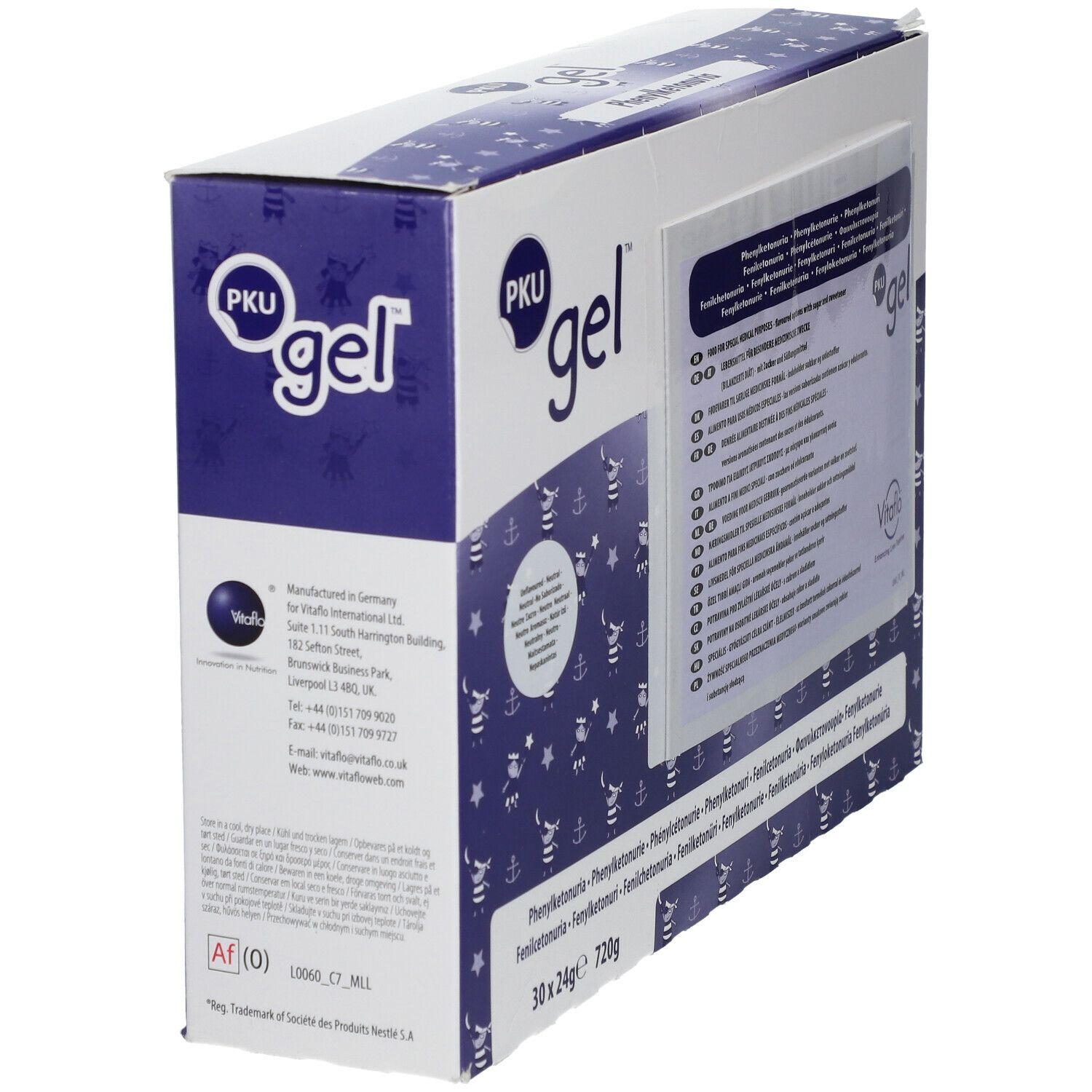 Doos van PKU gel met zakje. Wit met blauw patroon en productnaam. Zijaanzicht.