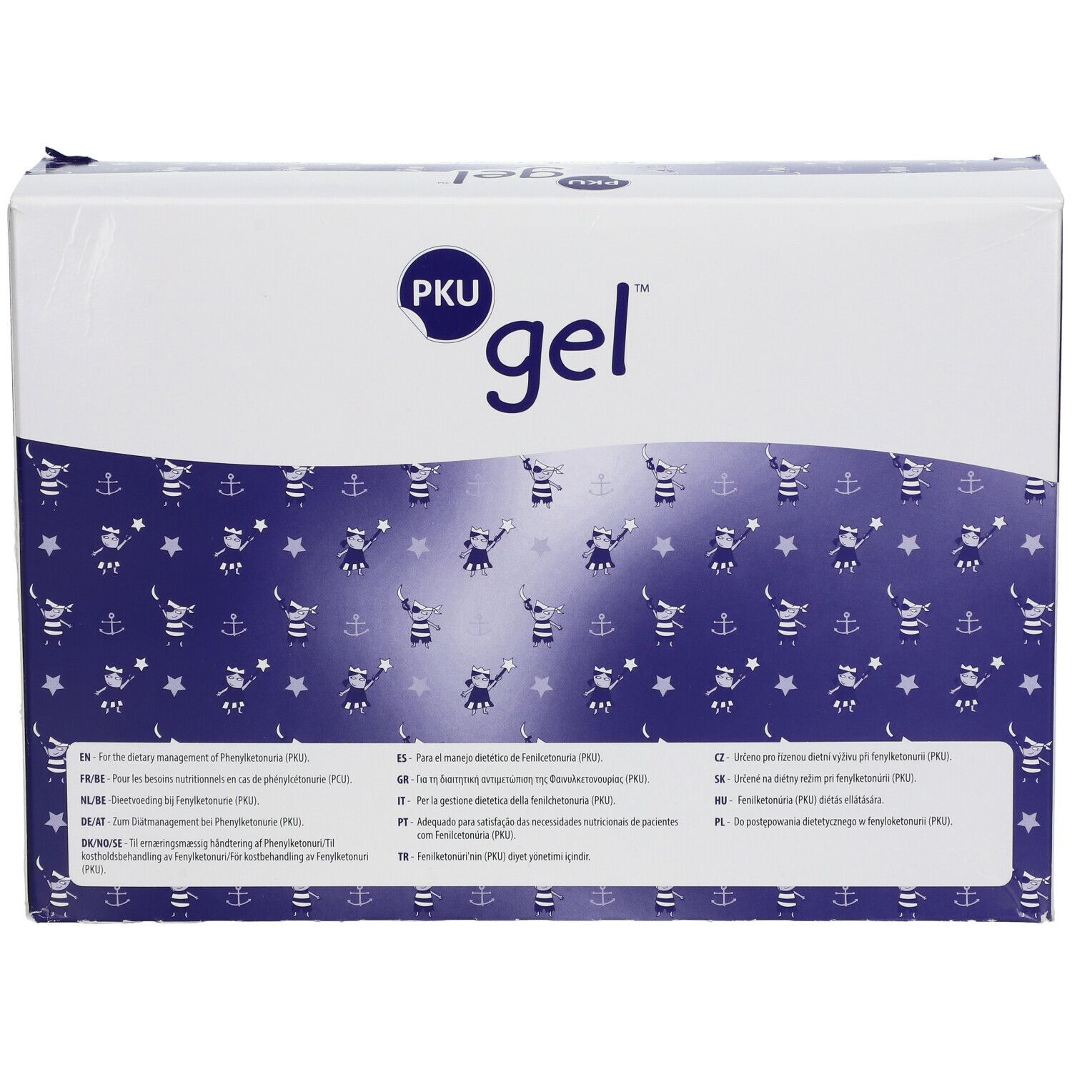 Verpakking van PKU gel. Witte doos met blauw patroon en productnaam.