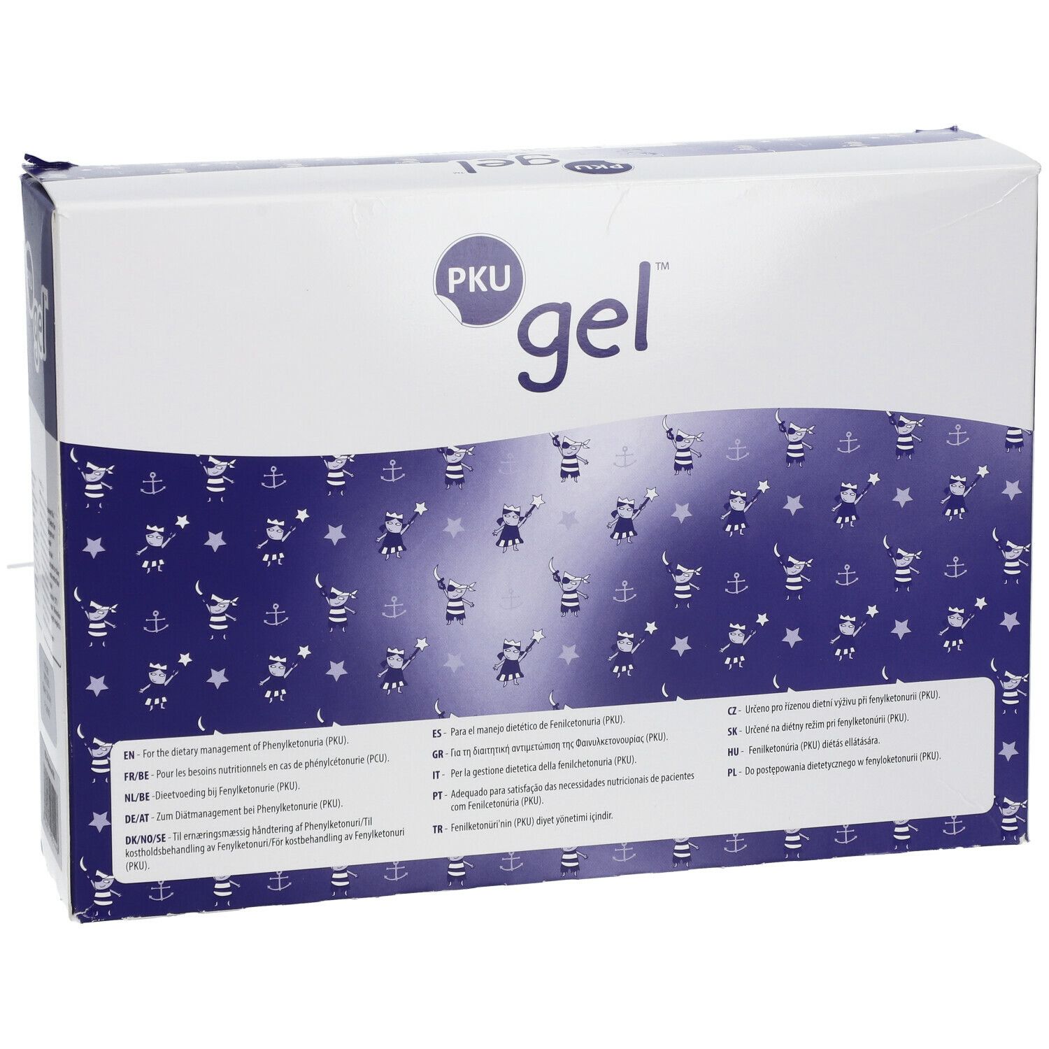 Verpakking van PKU gel. Witte doos met blauw patroon en productnaam.