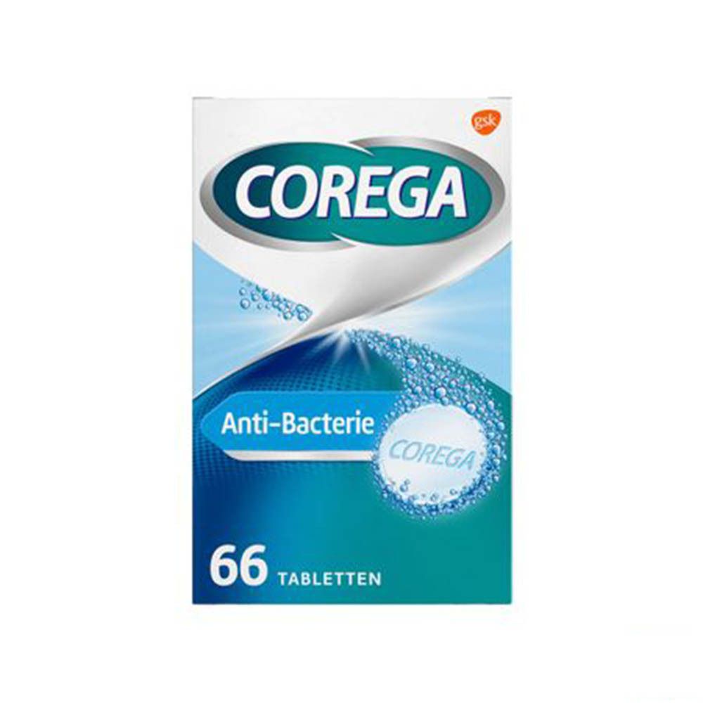 Boîte COREGA® TABS Anti-Bacterie. Contient 66 comprimés. Inscriptions : Anti-Bacterie, 4 en 1, et informations d'utilisation.