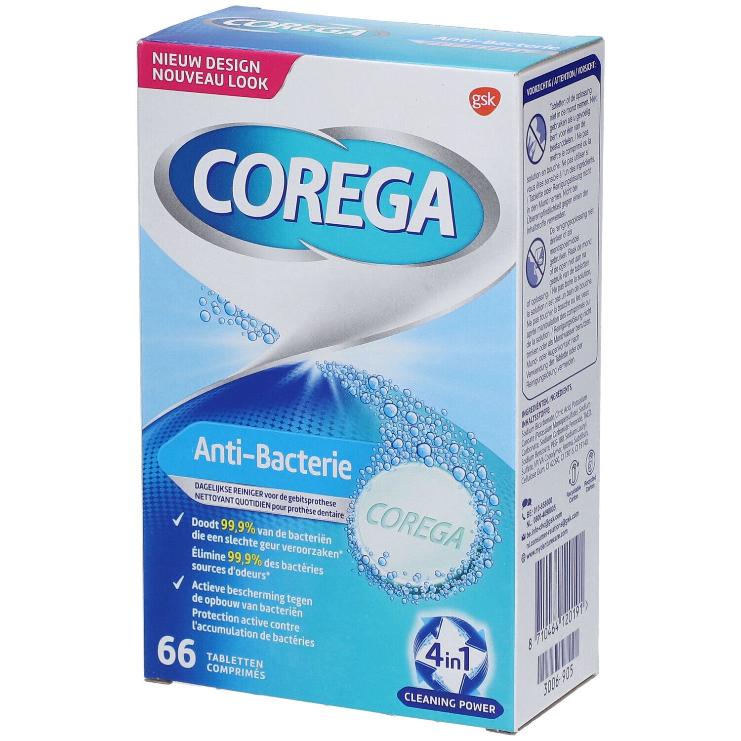 COREGA® TABS Anti-Bacterie. Verpakking met 66 tabletten. Blauwe en witte doos met productnaam en logo.