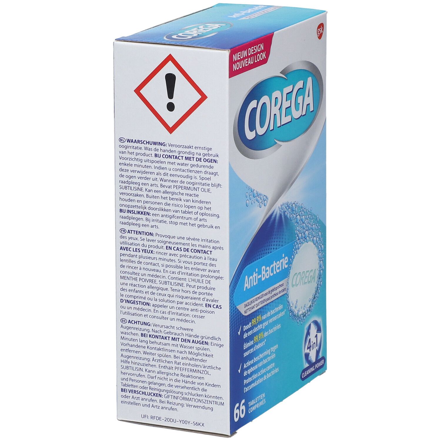 COREGA® TABS Anti-Bacterie. Verpakking, zijaanzicht. Waarschuwingen en productinformatie op de doos.