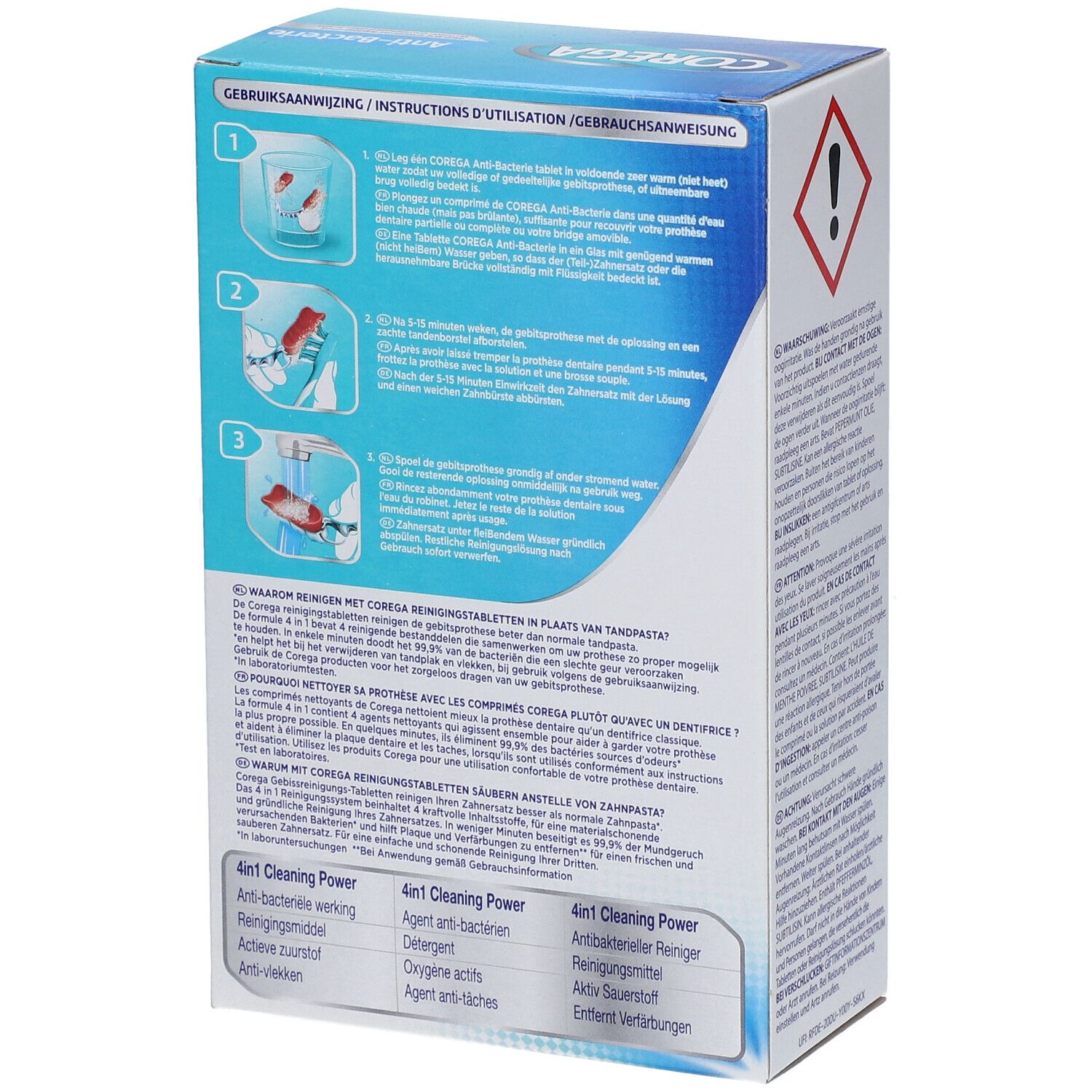 COREGA® TABS Anti-Bacterie. Achterkant van de verpakking met gebruiksaanwijzing en productinformatie.
