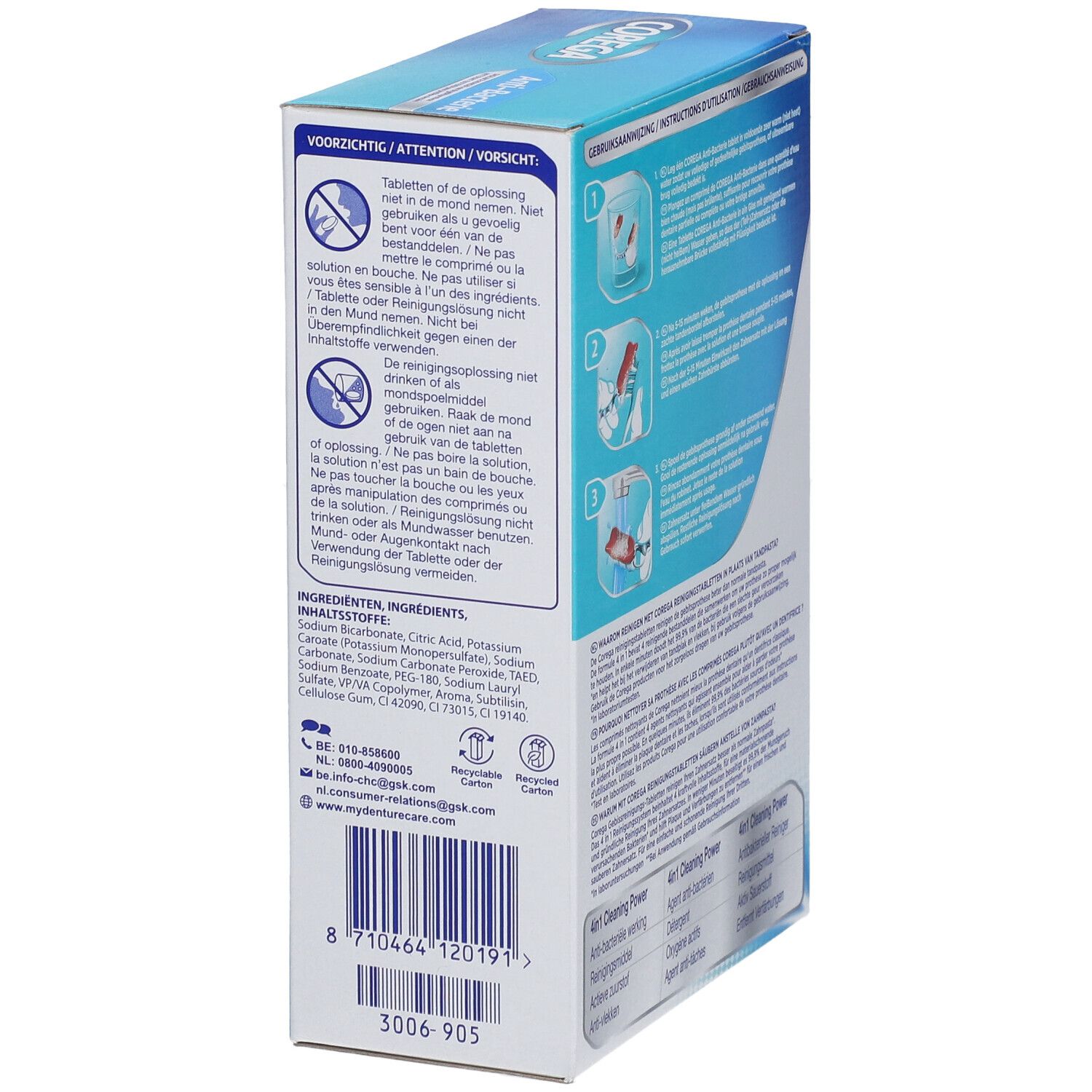 COREGA® TABS Anti-Bacterie. Verpakking, detail van ingrediënten en contactgegevens.