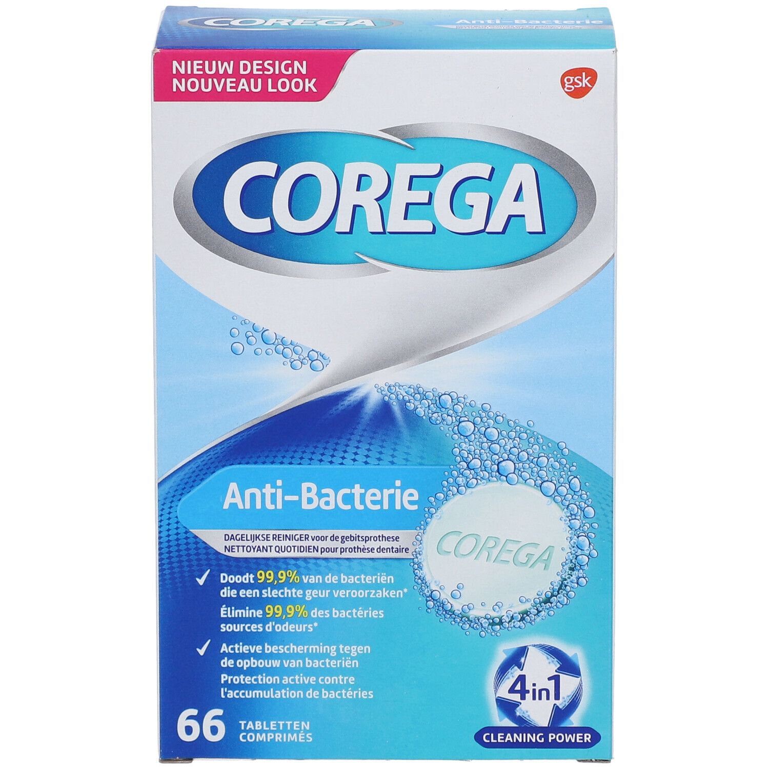 COREGA® TABS Anti-Bacterie. Vooraanzicht van de verpakking met productnaam en logo, 66 tabletten.