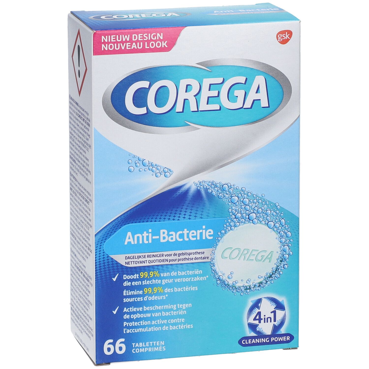 COREGA® TABS Anti-Bacterie. Vooraanzicht van de verpakking met productnaam en logo, 66 tabletten.