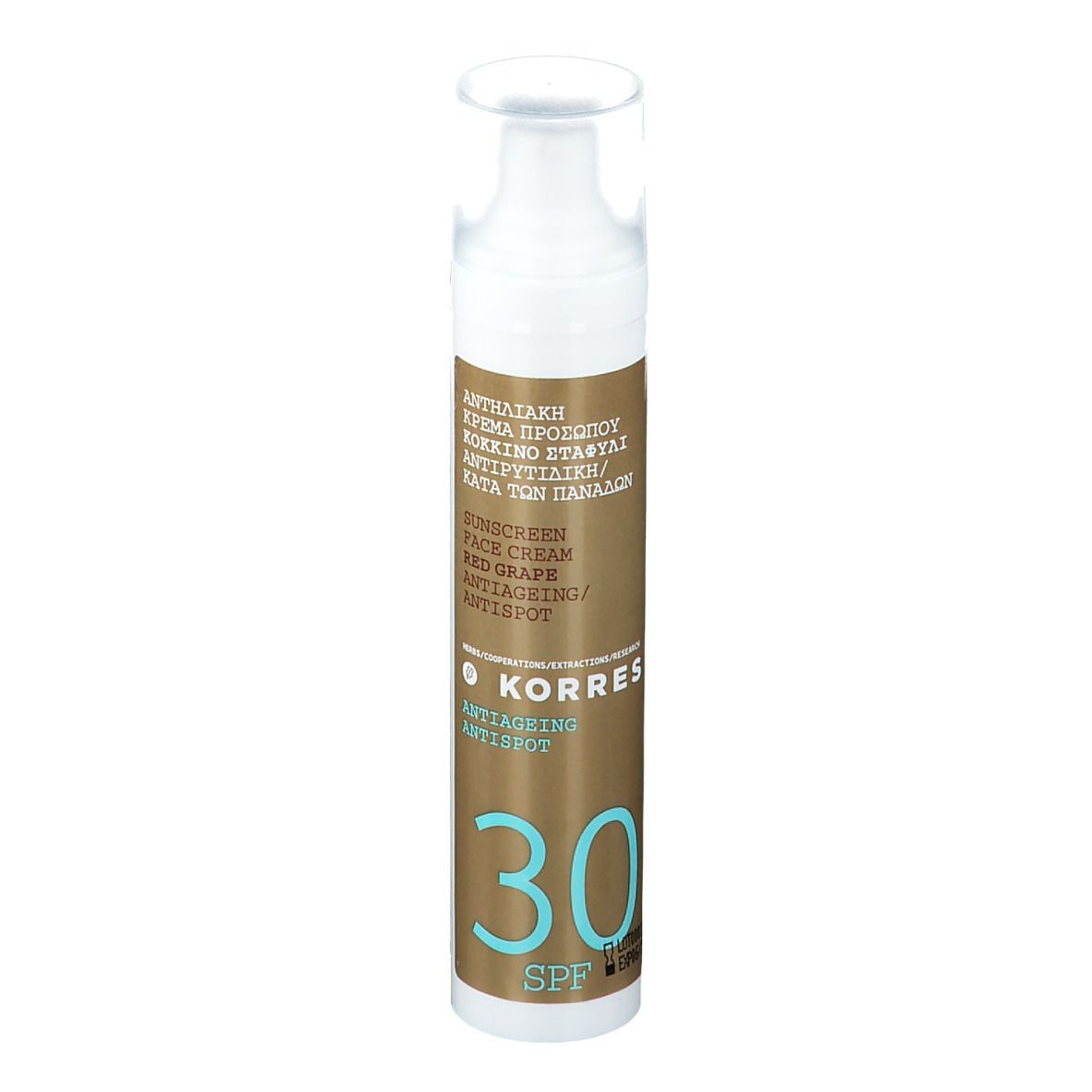 KORRES® Sonnencreme mit Pumpe. Aufschrift: Sunscreen Face Cream Red Grape Anti-Ageing/Antispot, SPF 30.