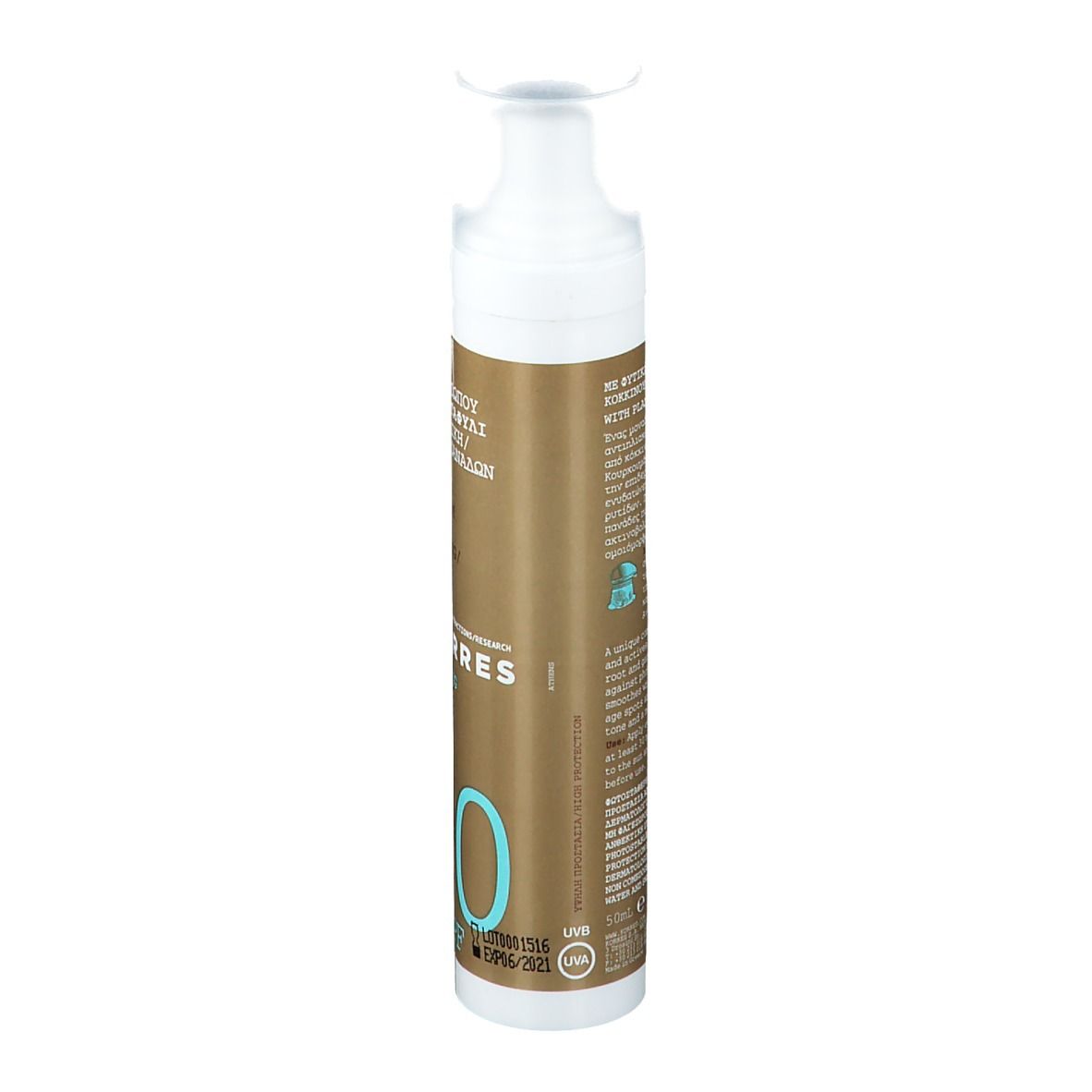 KORRES® Sonnencreme, Rückseite. Text: Sunscreen Face Cream Red Grape Anti-Ageing/Antispot. Mit UV-Logo.