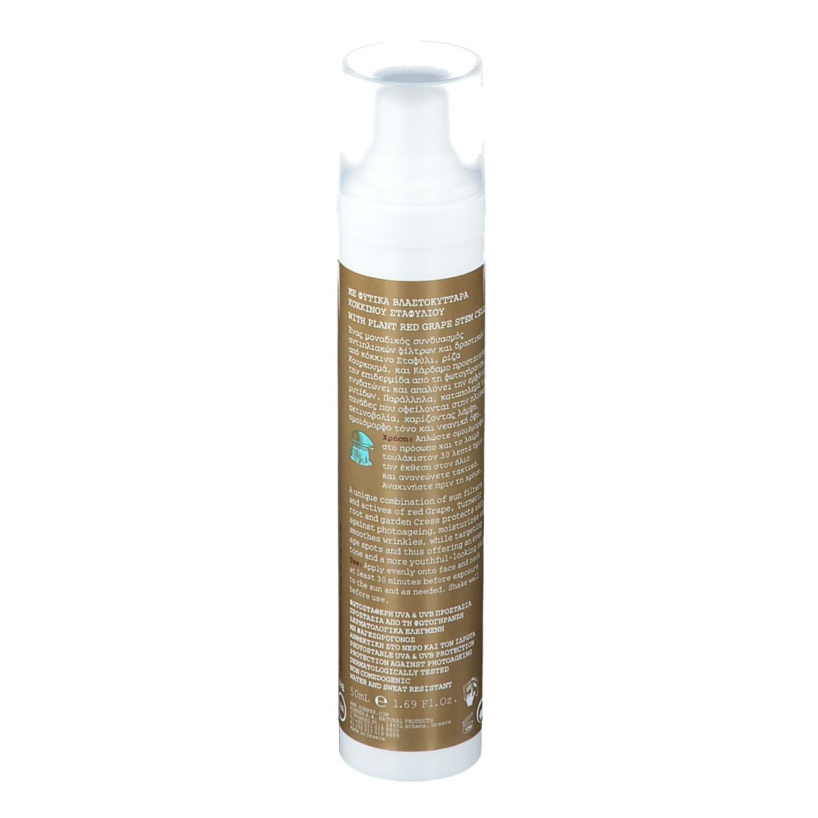 KORRES® Sonnencreme, Rückseite. Text: Sunscreen Face Cream Red Grape Anti-Ageing/Antispot. Mit UV-Logo.