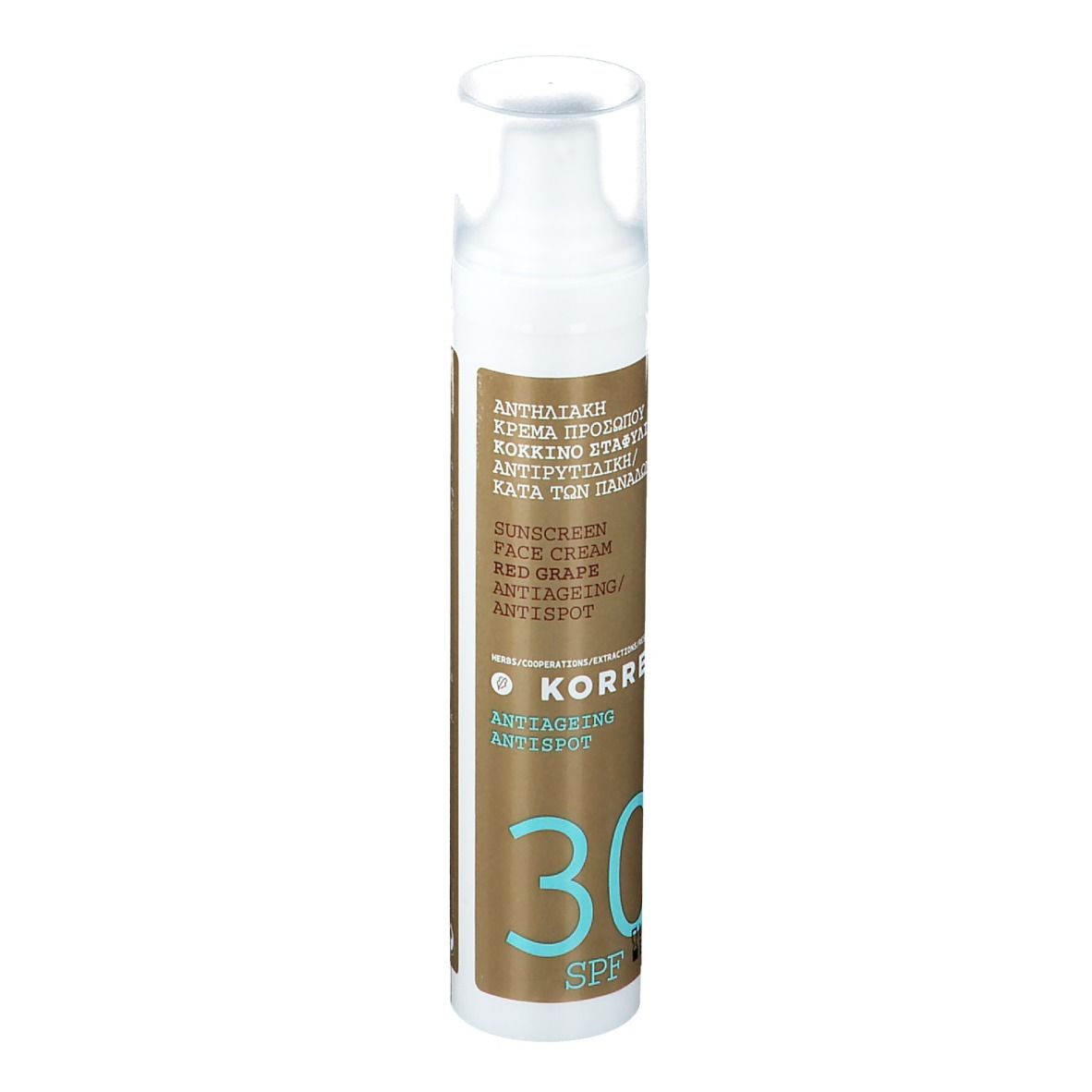 KORRES® Sonnencreme mit Pumpe. Aufschrift: Sunscreen Face Cream Red Grape Anti-Ageing/Antispot, SPF 30.