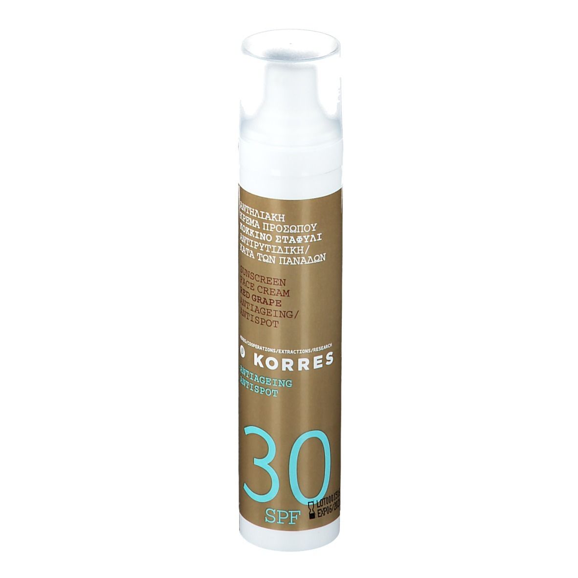 KORRES® Sonnencreme mit Pumpe. Aufschrift: Sunscreen Face Cream Red Grape Anti-Ageing/Antispot, SPF 30.