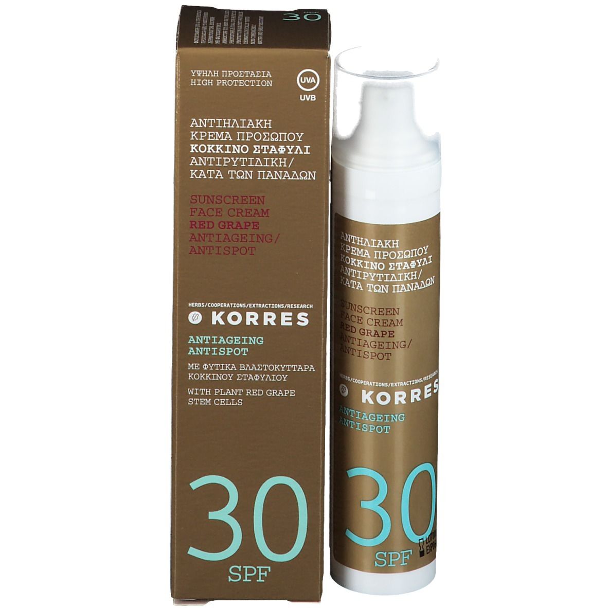KORRES® Sonnencreme und Verpackung. Aufschrift: Sunscreen Face Cream Red Grape Anti-Ageing/Antispot, SPF 30. Mit UV-Logo.