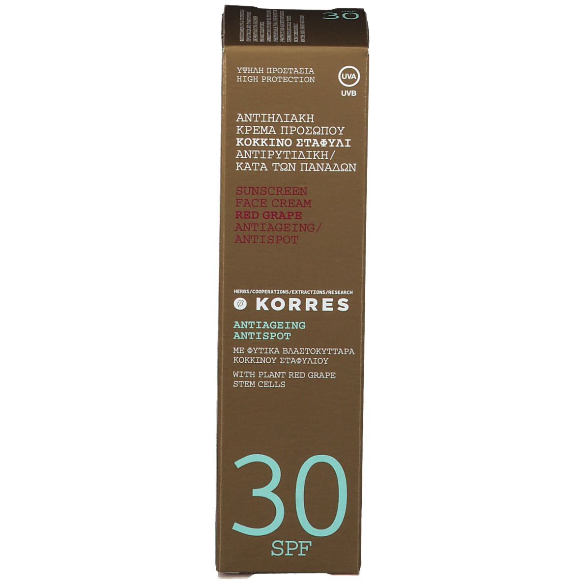 KORRES® Sonnencreme Verpackung. Aufschrift: Sunscreen Face Cream Red Grape Anti-Ageing/Antispot, SPF 30. Mit UV-Logo.