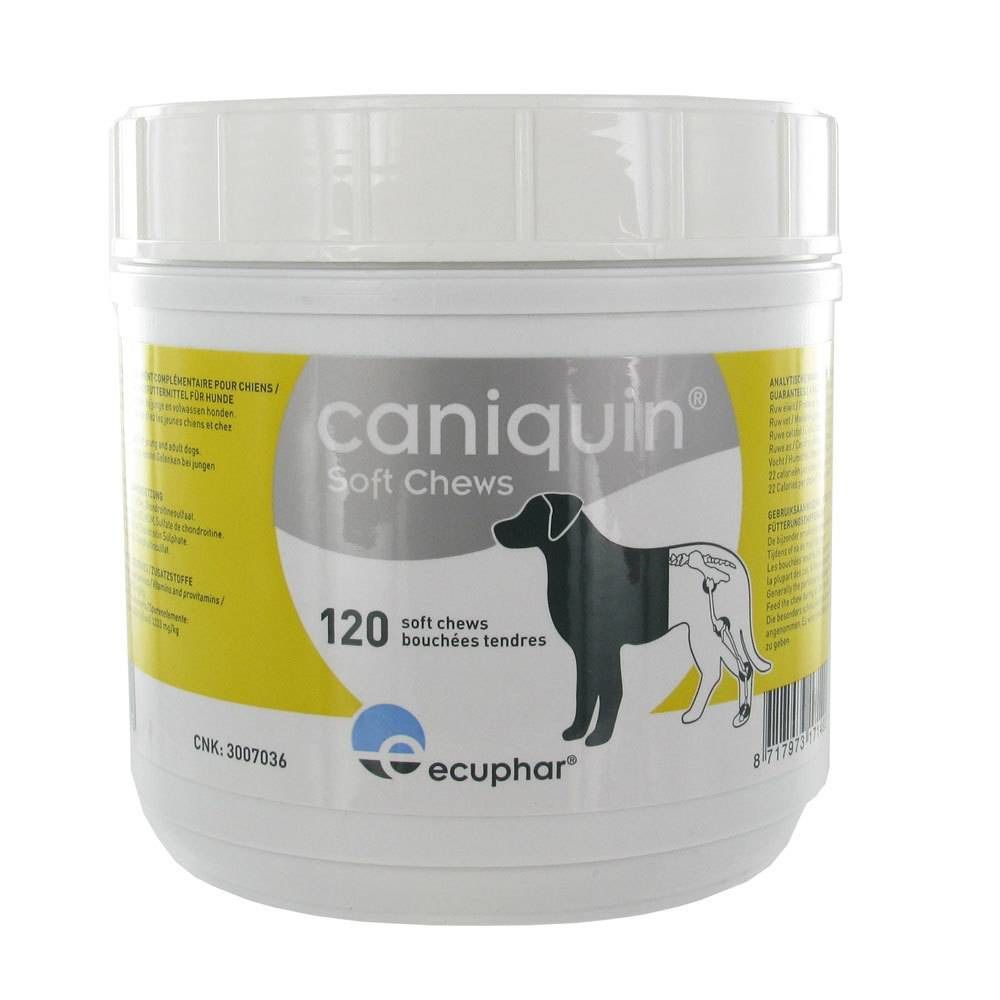Pot blanc avec étiquette jaune. Inscription: Caniquin Soft Chews, 120 pièces. Logo: chien et Ecphar.
