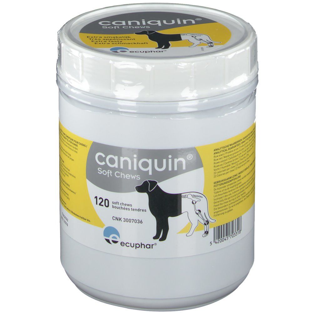Pot blanc avec étiquette jaune. Inscription: Caniquin Soft Chews, 120 pièces. Logo: chien et Ecphar.