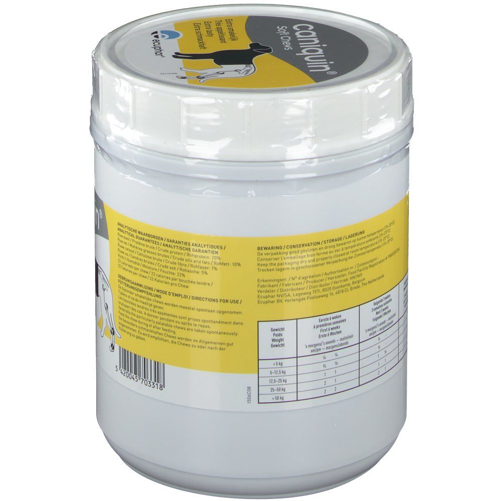 Pot blanc avec étiquette jaune. Inscription: Caniquin Soft Chews. Dos avec texte et tableau.