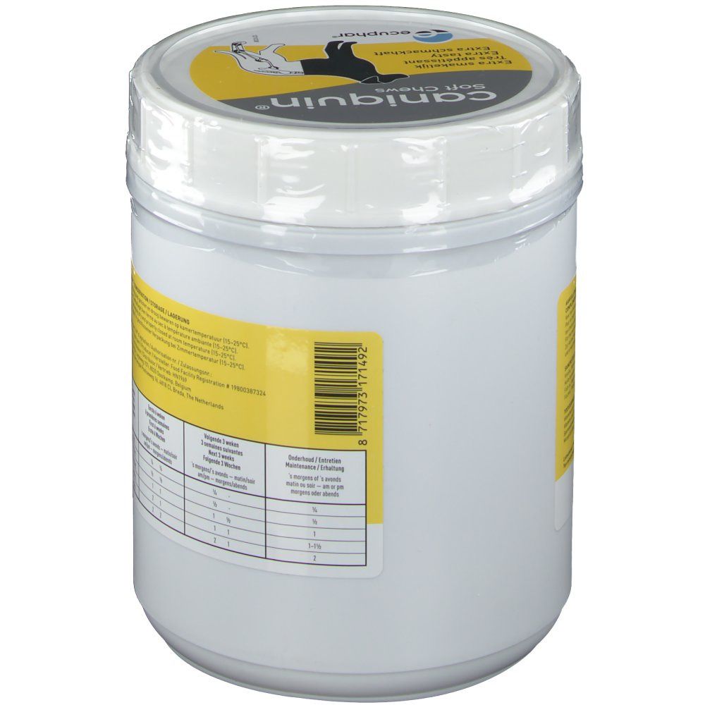 Pot blanc avec étiquette jaune. Inscription: Caniquin Soft Chews. Dos avec texte et tableau.
