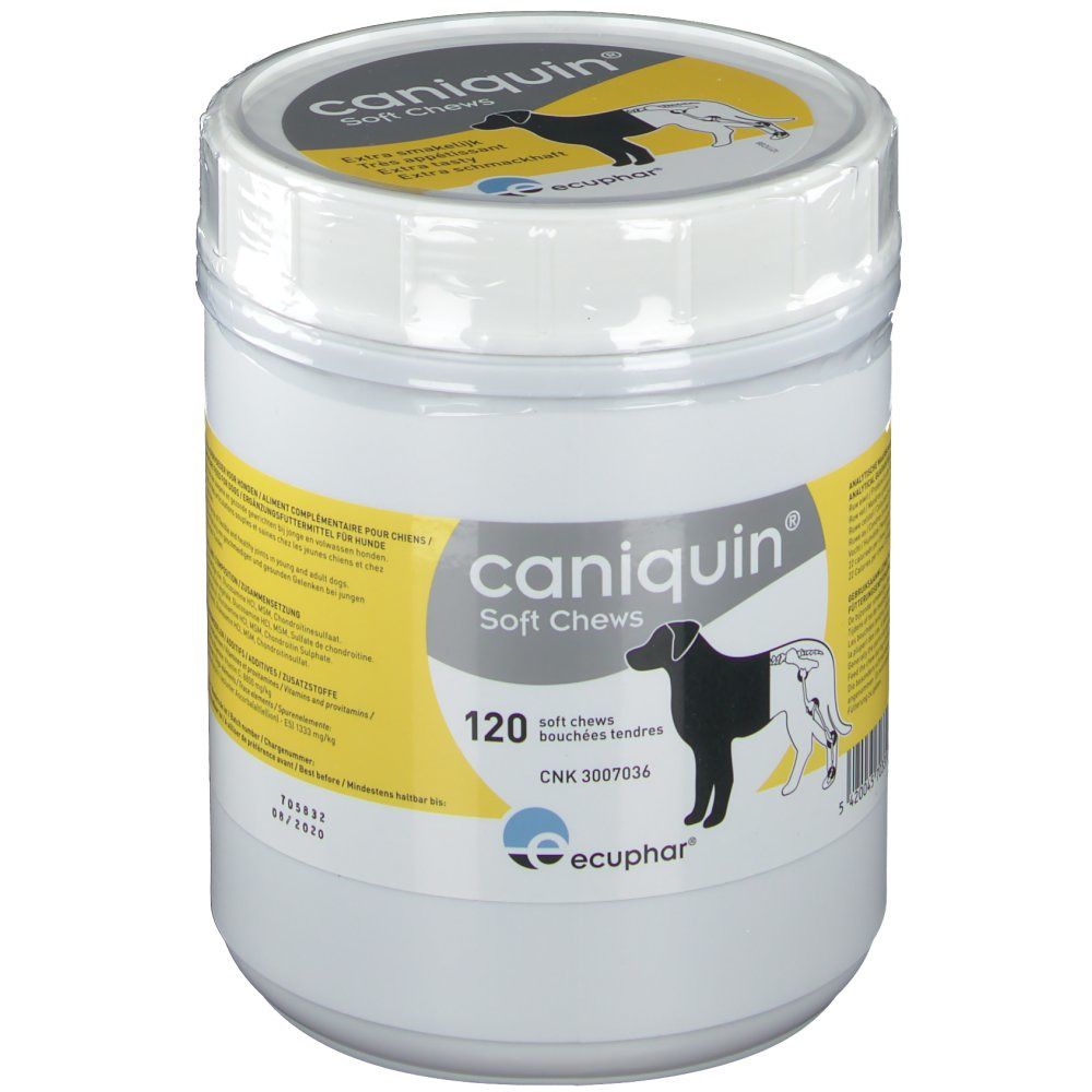Pot blanc avec étiquette jaune. Inscription: Caniquin Soft Chews, 120 pièces. Logo: chien et Ecphar.