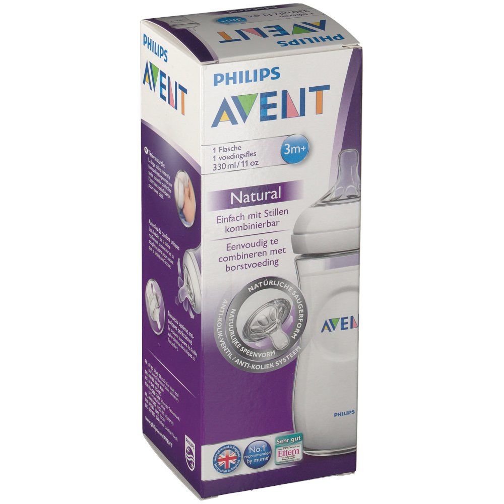Emballage de biberon Philips Avent Natural. Biberon de 330 ml, 3 mois et plus. Inscriptions : Natural, Philips Avent.