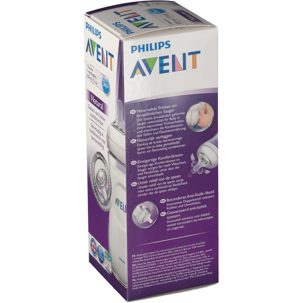 Dos de l'emballage du biberon Philips Avent Natural. Texte multilingue. Illustrations des caractéristiques du biberon.