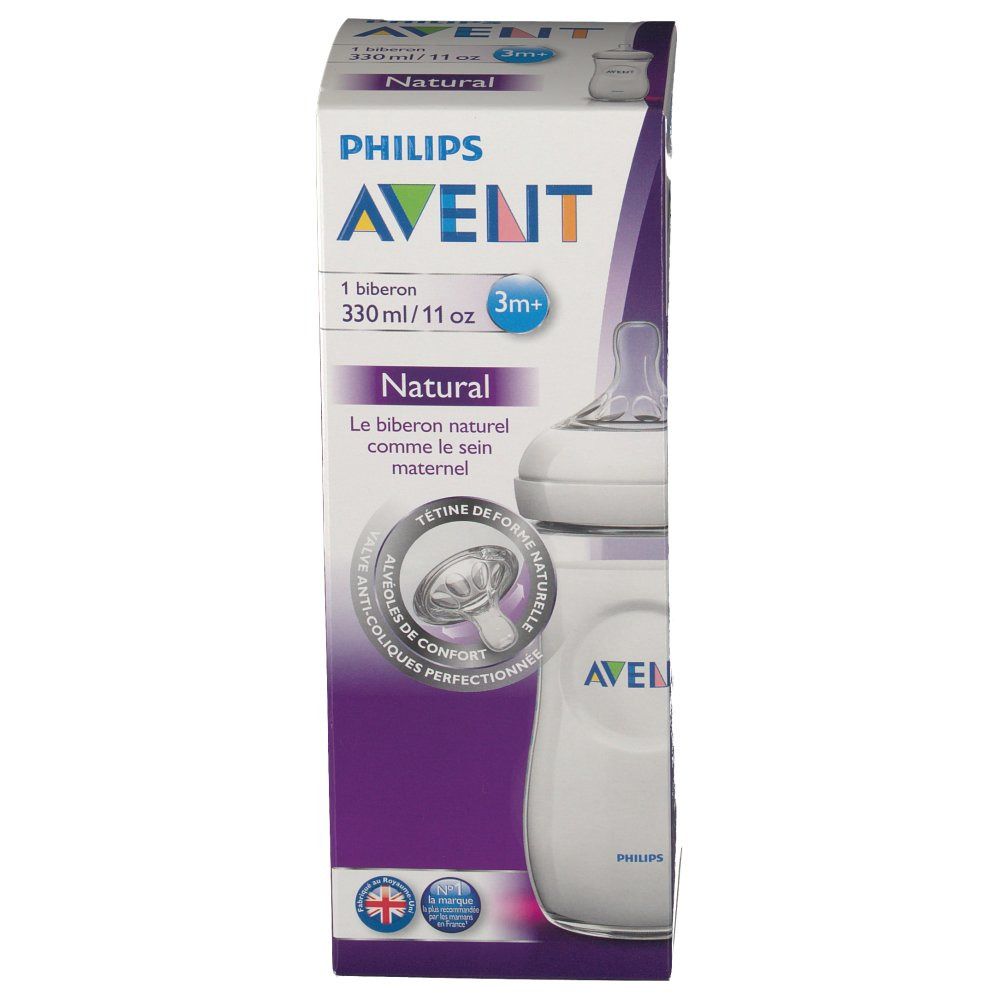 Emballage de biberon Philips Avent Natural. Biberon de 330 ml, 3 mois et plus. Inscriptions : Natural, Philips Avent.