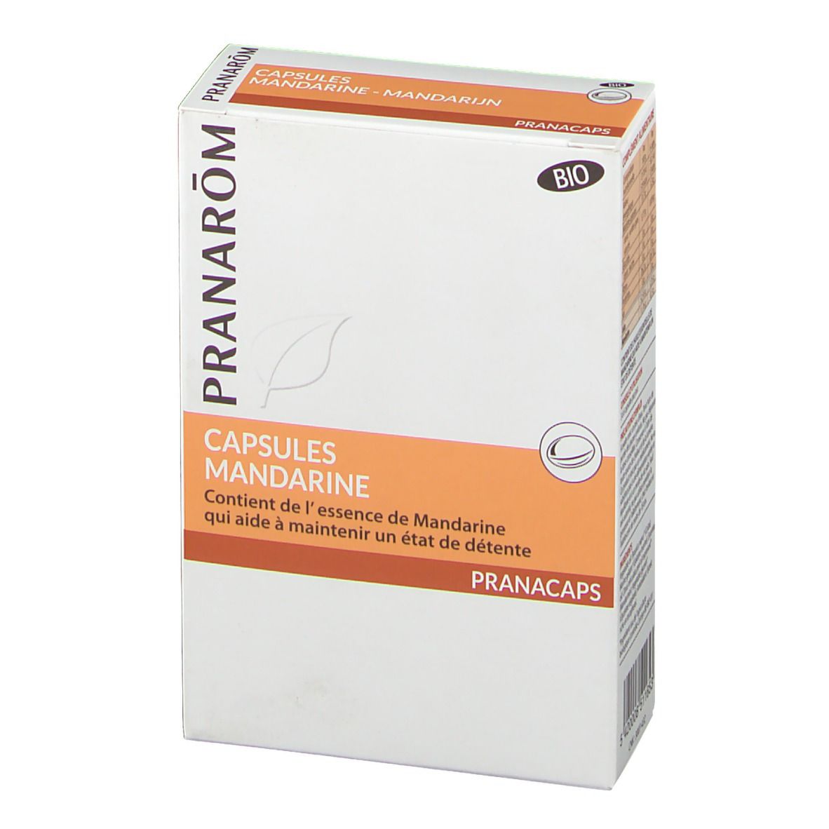Kapseln Mandarine Box. Pranarom Logo. Bio-Zertifizierung. Enthält Mandarinen-Essenz. PRANACAPS.