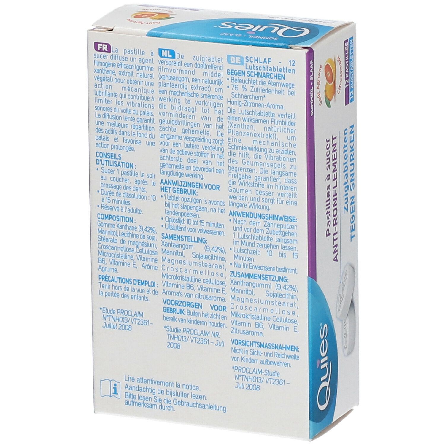 Dos de la boîte de pastilles ANTI-RONFLEMENT Quies. Texte en allemand, français et néerlandais. Ingrédients et conseils d'utilisation.