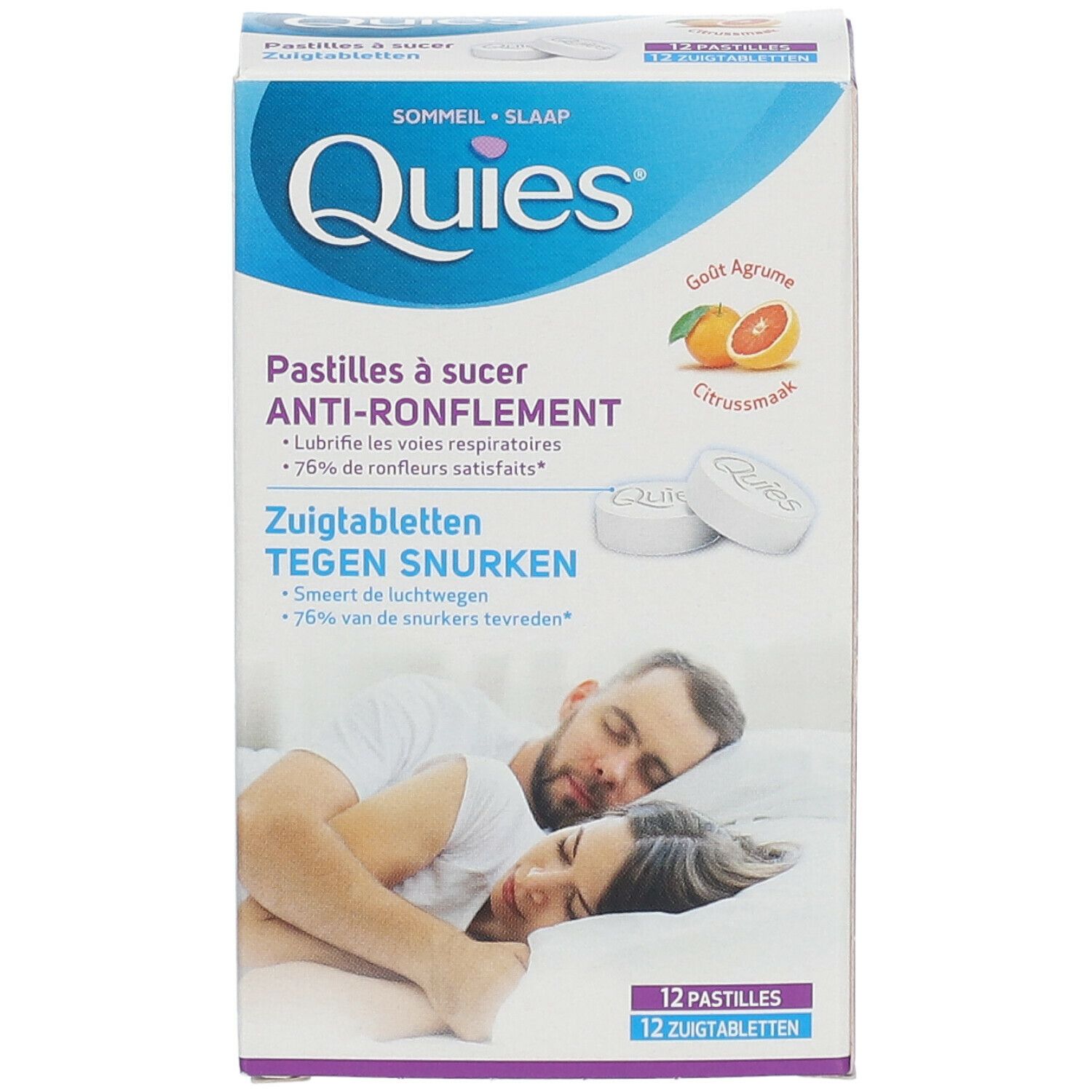 Boîte de pastilles ANTI-RONFLEMENT Quies. Inscription: 12 pastilles. Illustration: couple dormant. Goût: Agrume.