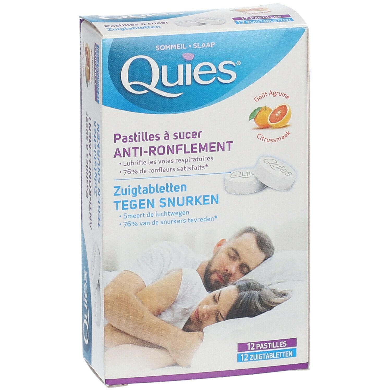 Boîte de pastilles ANTI-RONFLEMENT Quies. Inscription: 12 pastilles. Illustration: couple dormant. Goût: Agrume.