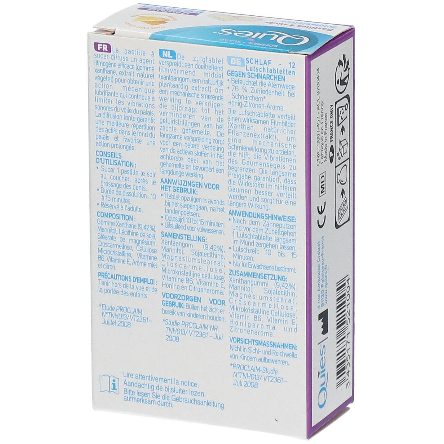 Dos de la boîte de pastilles anti-ronflement. Texte multilingue. Ingrédients et mode d'emploi.