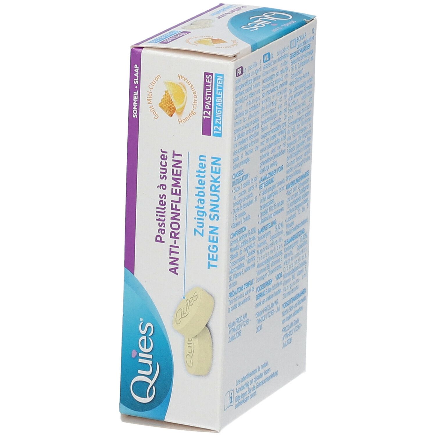 Boîte de pastilles anti-ronflement. Inscription: Quies, Anti-Ronflement, 12 pastilles. Vue de côté.