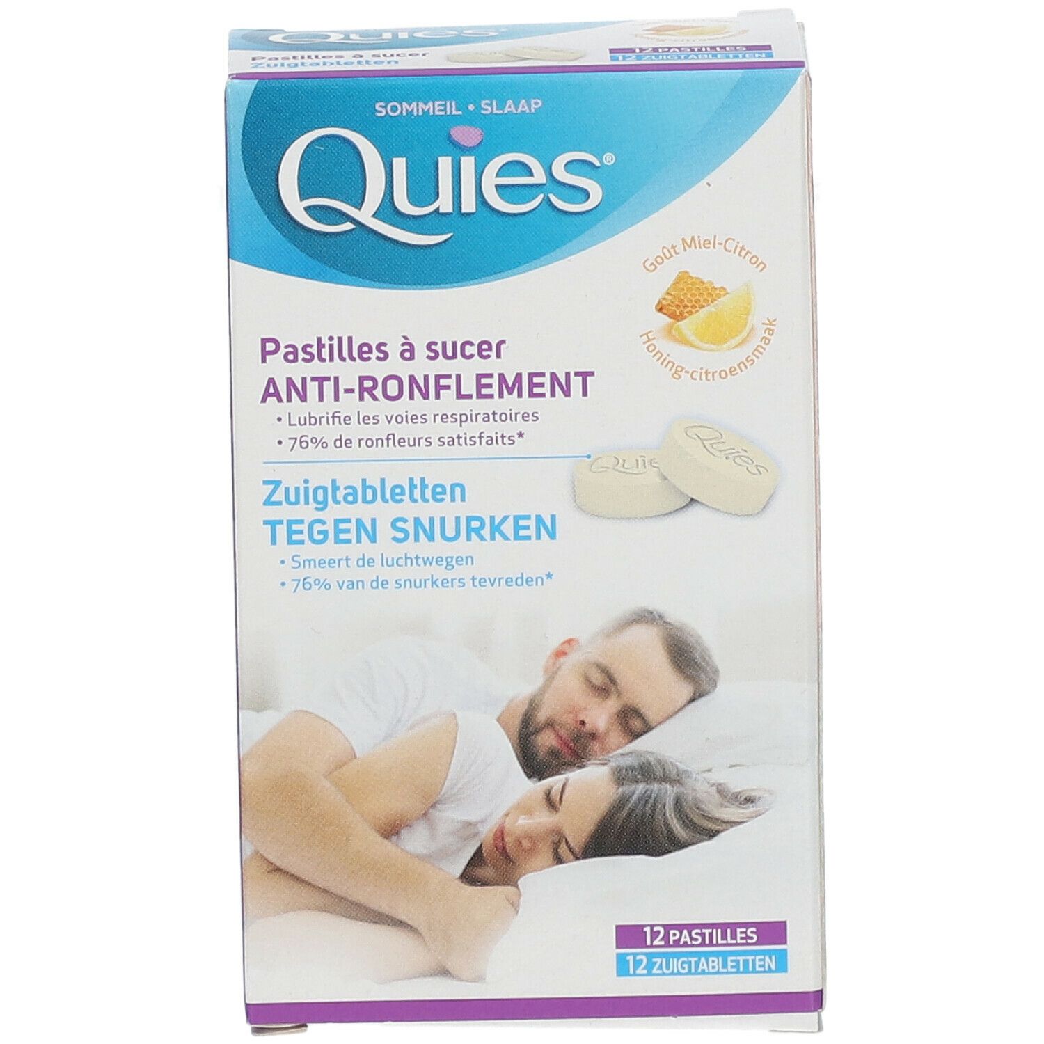 Boîte de pastilles anti-ronflement. Inscription: Quies, Anti-Ronflement, 12 pastilles. Illustration d'un couple dormant.