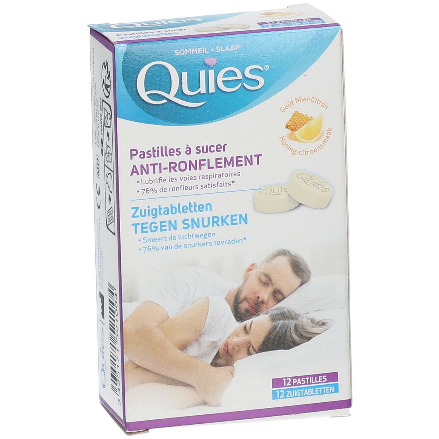 Boîte de pastilles anti-ronflement. Inscription: Quies, Anti-Ronflement, 12 pastilles. Illustration d'un couple dormant.