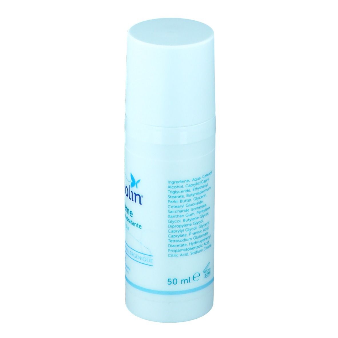 Lichtblauwe fles met witte dop. Opschrift: Dermolin dagcrème hydraterend crème de jour. Ingrediëntenlijst en 50 ml.