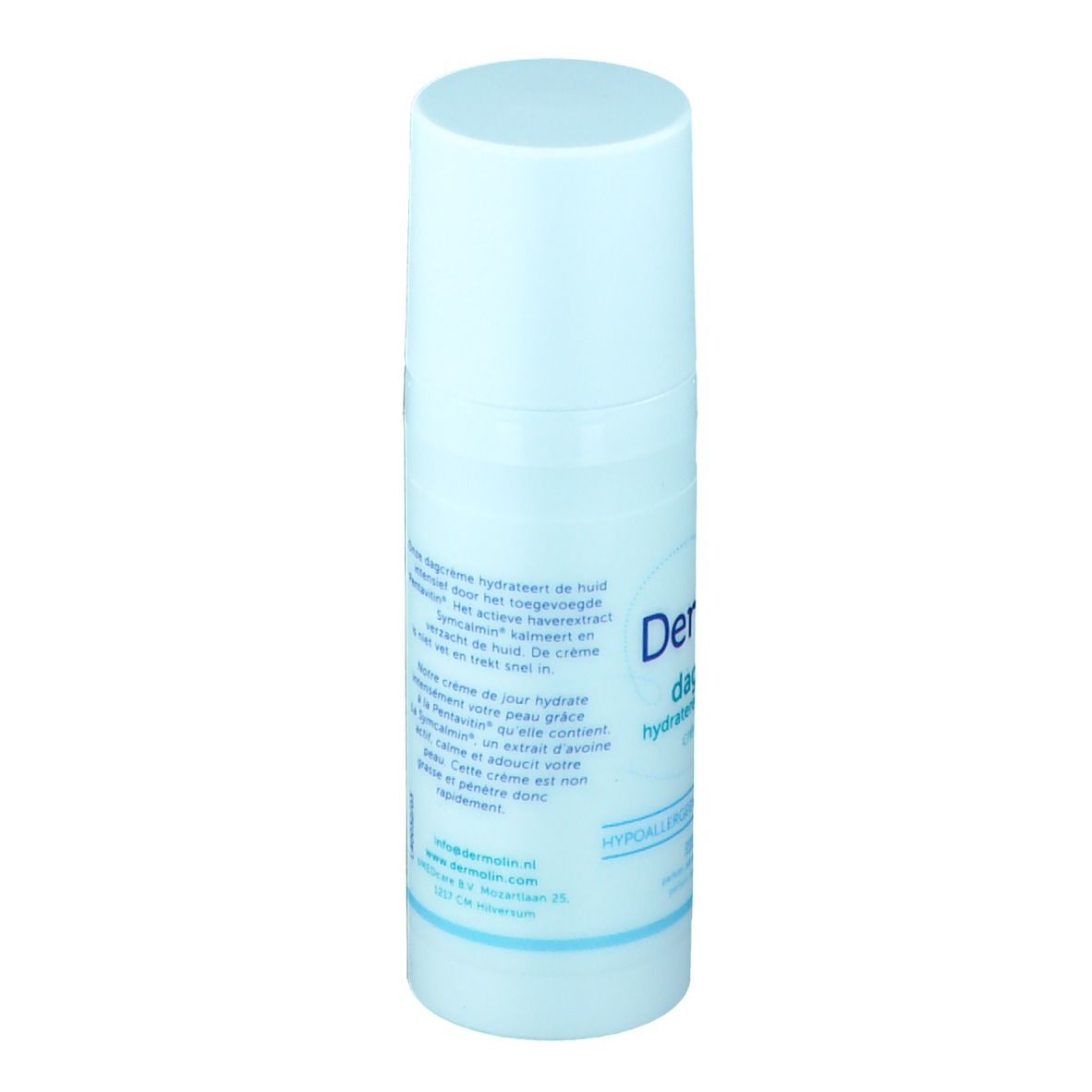 Lichtblauwe fles met witte dop. Opschrift: Dermolin dagcrème hydraterend crème de jour. Tekst in meerdere talen.
