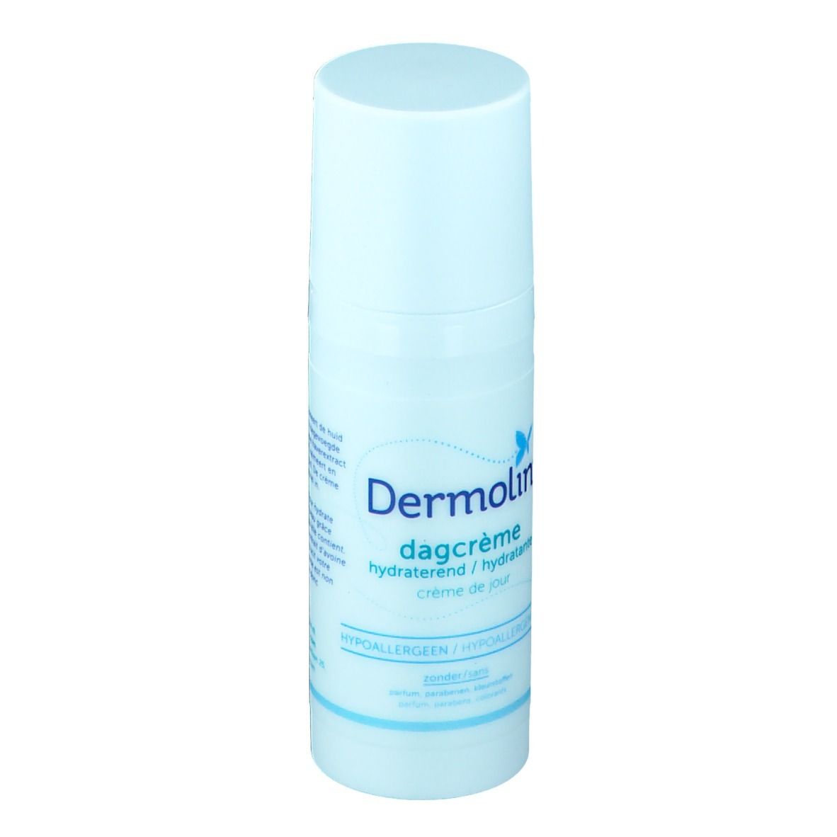 Lichtblauwe fles met witte dop. Opschrift: Dermolin dagcrème hydraterend crème de jour. Hypoallergeen.