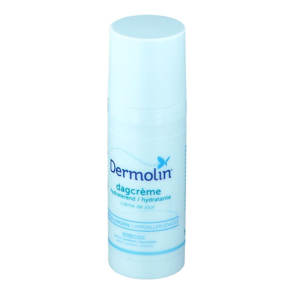 Lichtblauwe fles met witte dop. Opschrift: Dermolin dagcrème hydraterend crème de jour. Hypoallergeen.