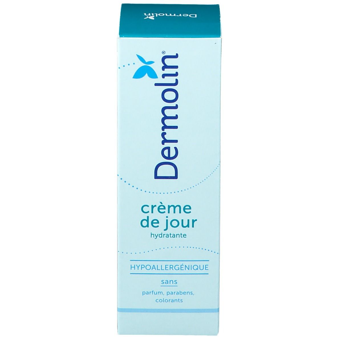 Lichtblauwe doos. Opschrift: Dermolin crème de jour hydratante. Hypoallergeen, zonder parfum, parabenen, kleurstoffen.