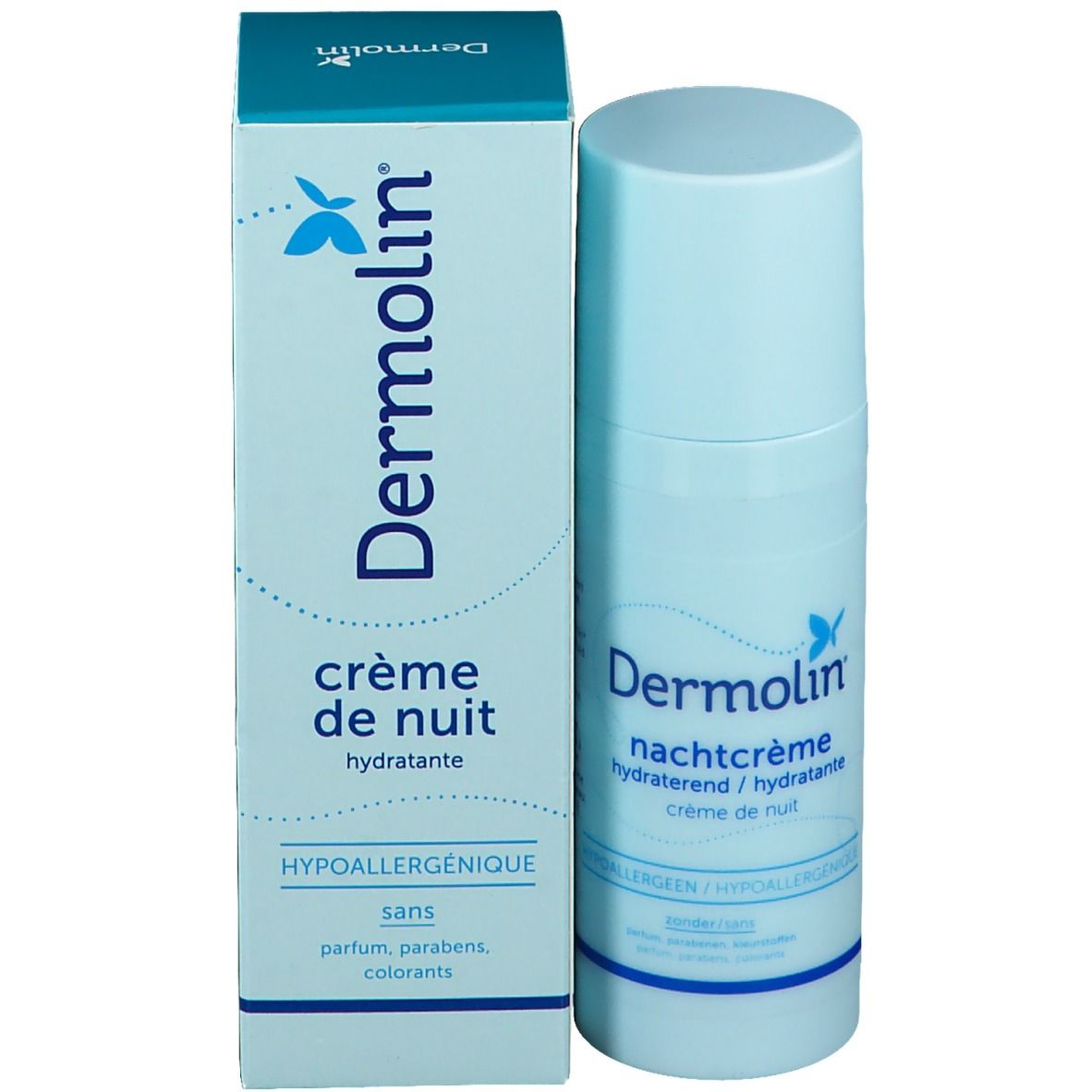 Emballage du produit avec flacon et boîte. Inscription : Dermolin, crème de nuit, hydratant. Couleurs bleues et blanches.