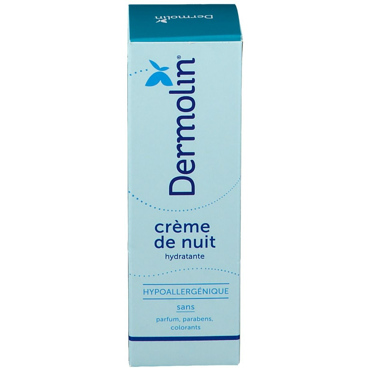 Boîte bleue avec inscription blanche : Dermolin, crème de nuit, hydratant. Sans parfum, parabènes, colorants.
