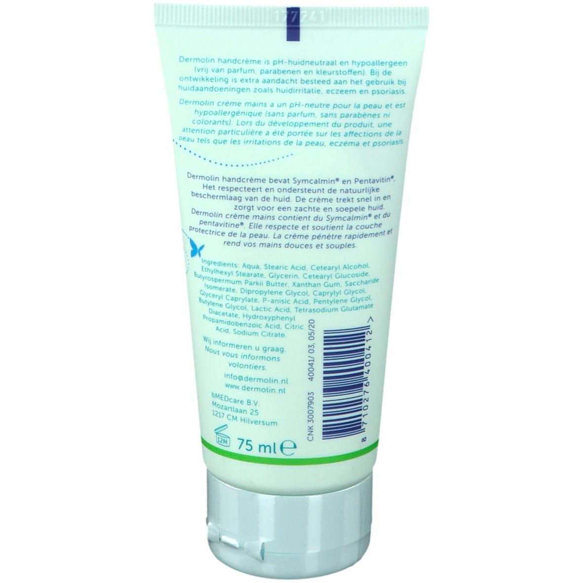 Dos du tube de crème pour les mains. Texte multilingue. Contient des informations sur les ingrédients et le fabricant.