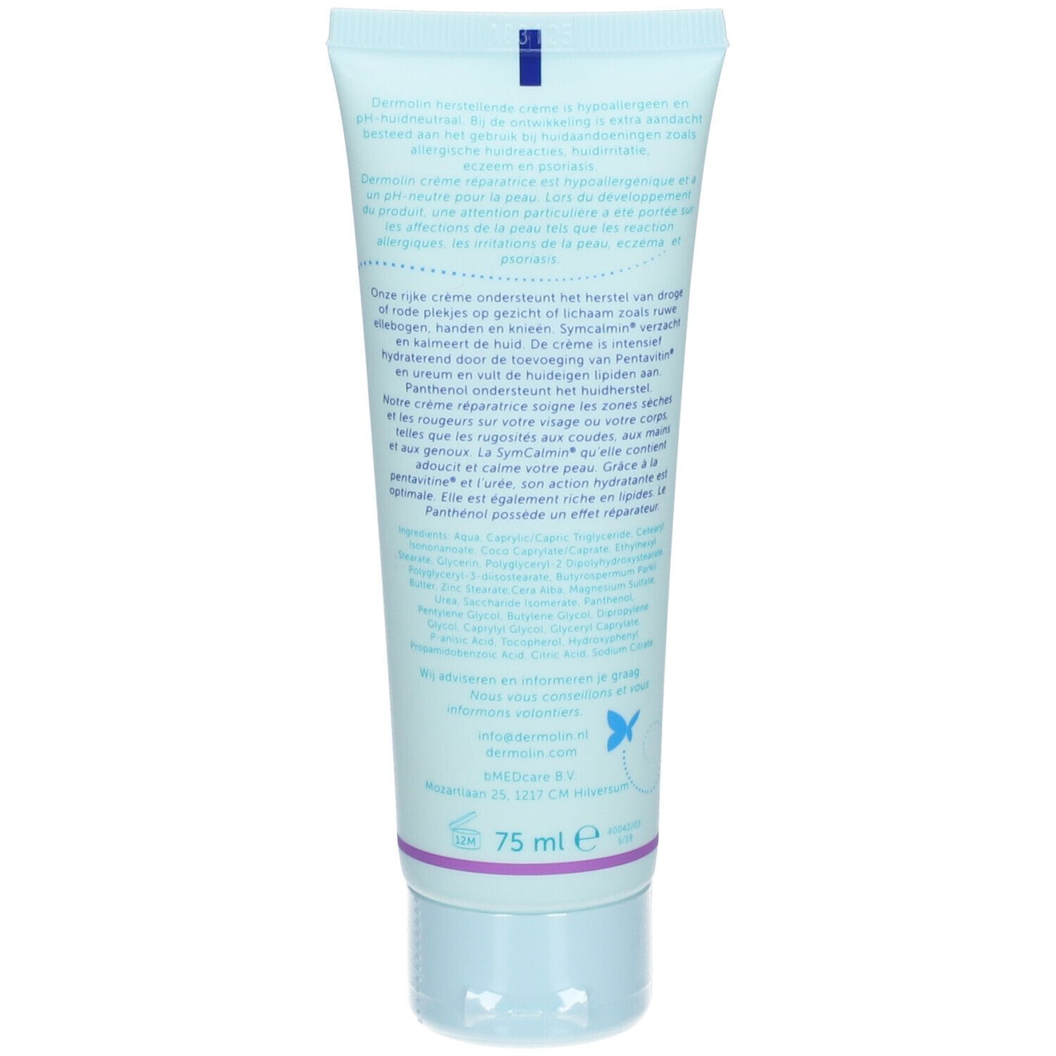 Dos d'un tube bleu clair. Texte en plusieurs langues. Nom du produit: Dermolin. Contenu: 75 ml.