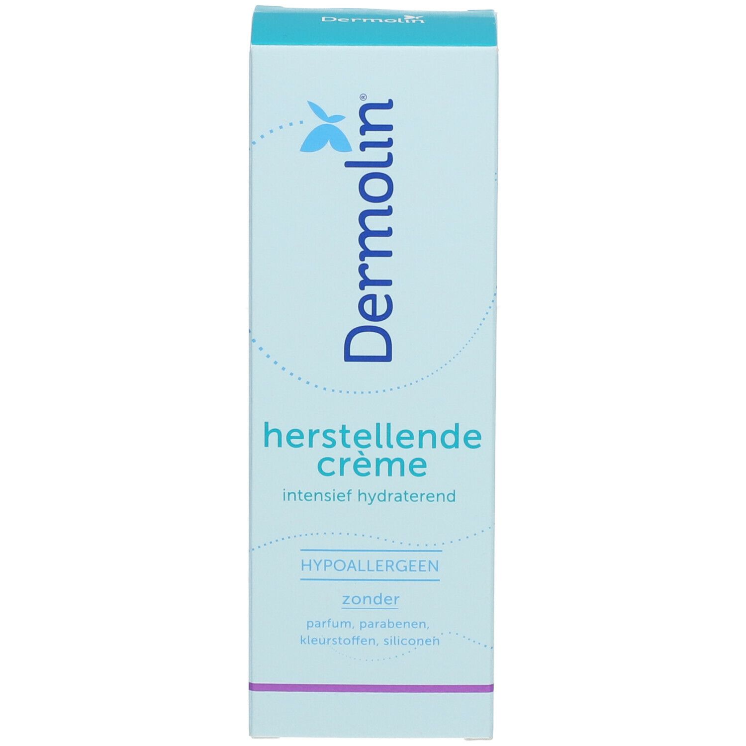Boîte bleu clair. Nom du produit: Dermolin. Texte: herstellende crème, hydratant intensif. Hypoallergénique.