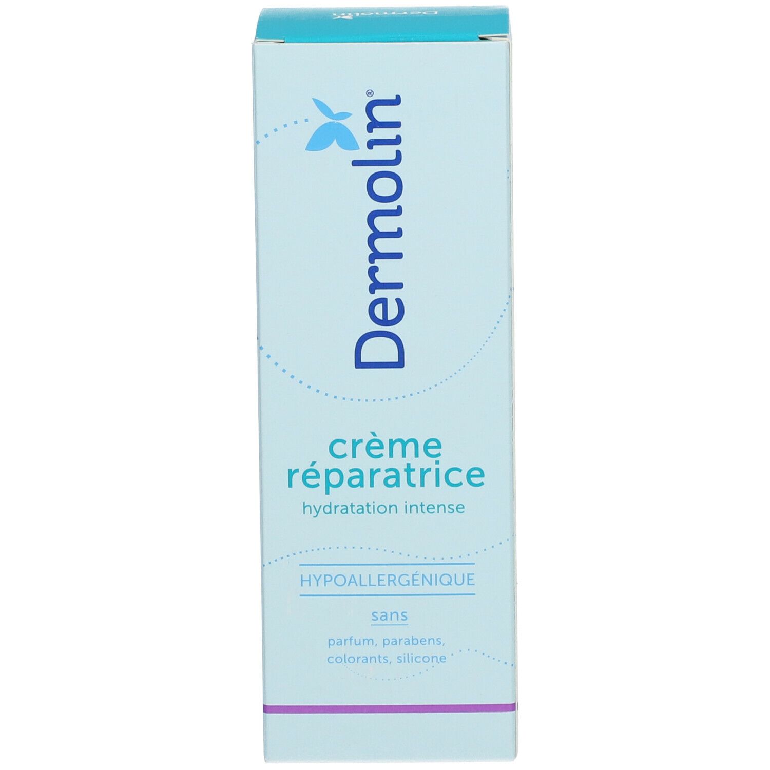 Boîte bleu clair. Nom du produit: Dermolin. Texte: crème réparatrice, hydratation intense. Hypoallergénique.