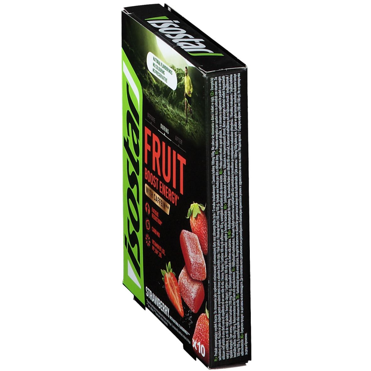 Boîte Isostar Fruit Boost Energy saveur fraise, vue latérale. Texte : caféine, vitamines, mélange de glucides. 10 pièces.